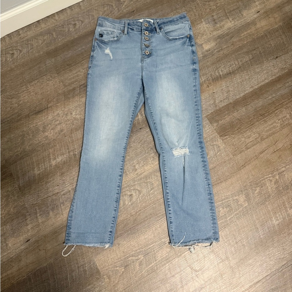 KanCan Women’s high-rise, straight ankle jeans with exposed button fly